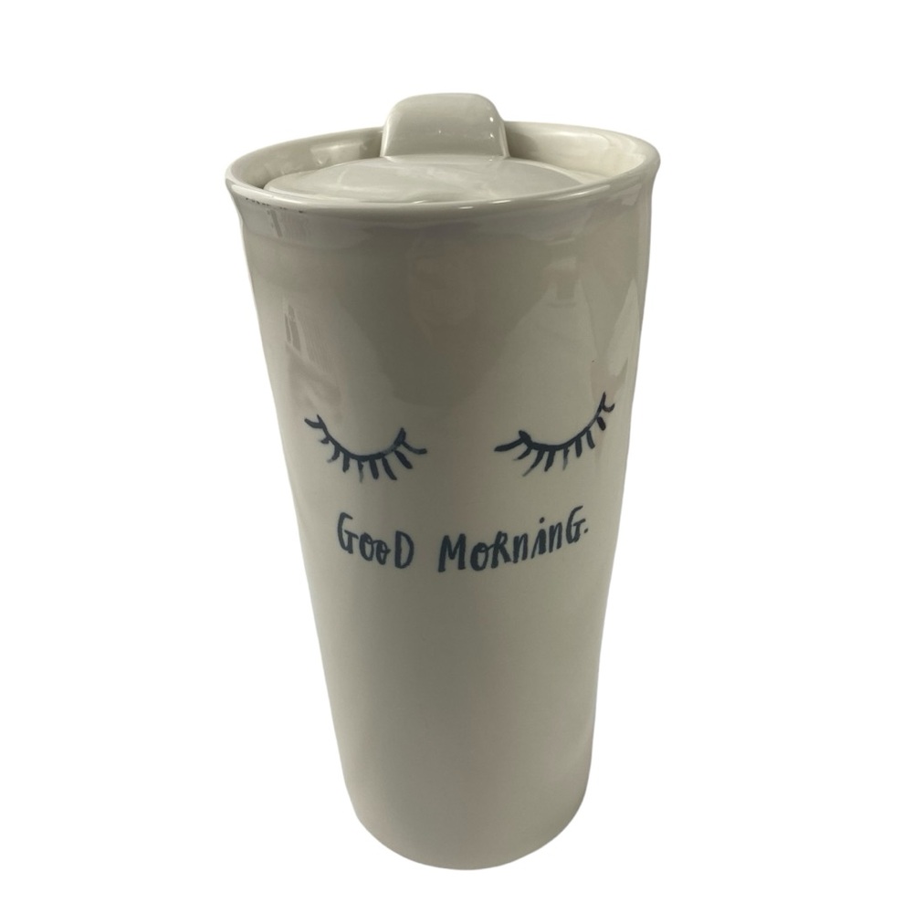 Rae Dunn Good Morning Eyelash Ceramic Travel Mug Tumbler